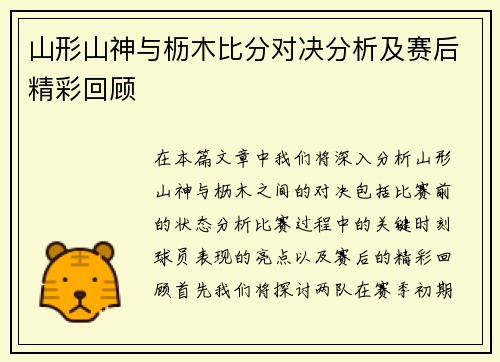 山形山神与枥木比分对决分析及赛后精彩回顾